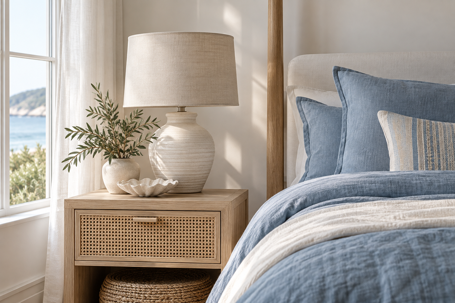 Coastal bedside design concept with pale oak, blue textiles, and a ceramic lamp