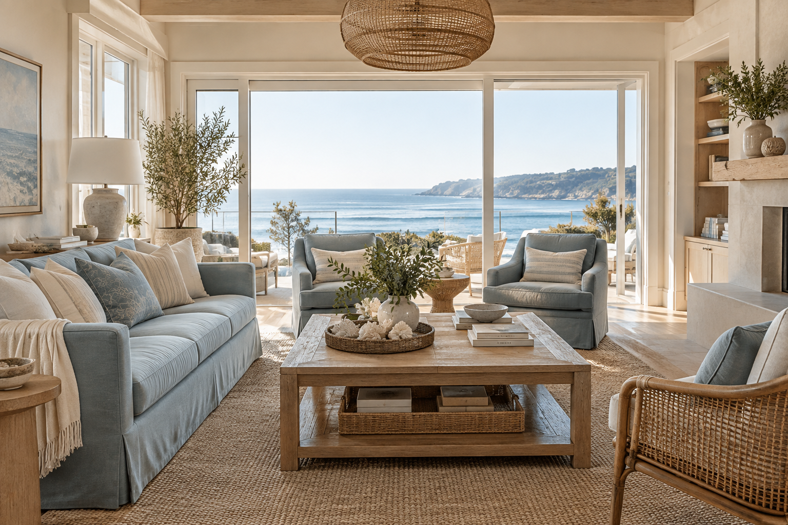 Coastal living room design concept inspired by the Beach House palette